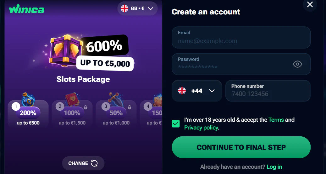 winica casino create an account